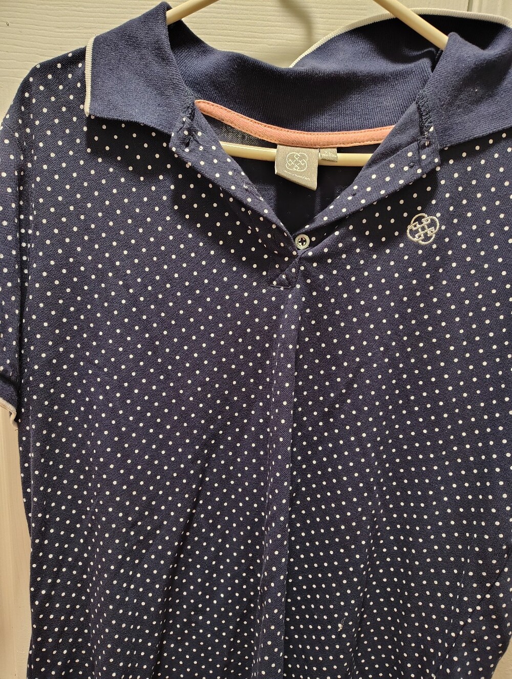 Daisy Fuentes Navy Blue Polka Dot Polos Dot polo Shirt Top Size XL